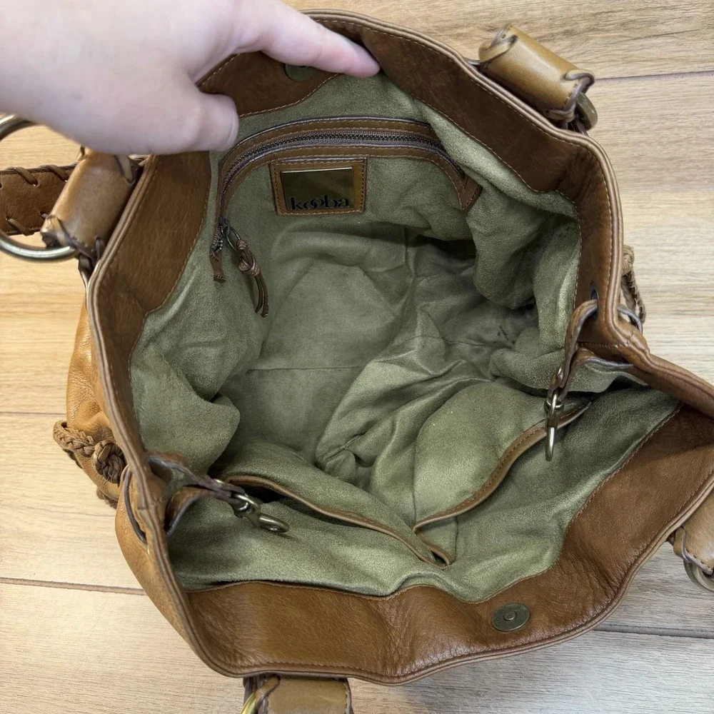 Kooba Sienna Leather Satchel Handbag Tan Whipstitch Braided Hobo Bag Vintage Y2K